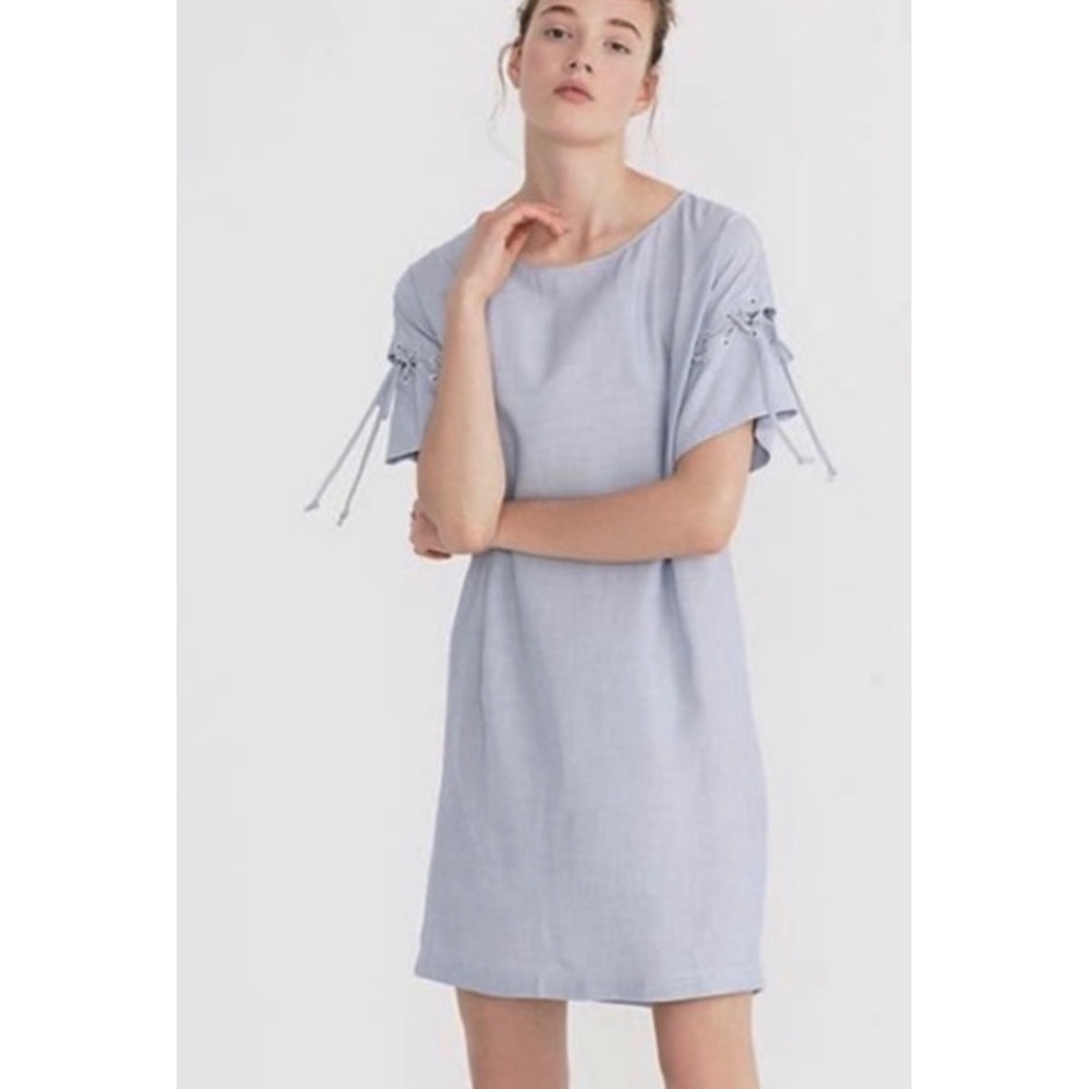 Madewell Sz Lg Blue Pinstripe Lace Up Sleeve Shift Dress Large Striped